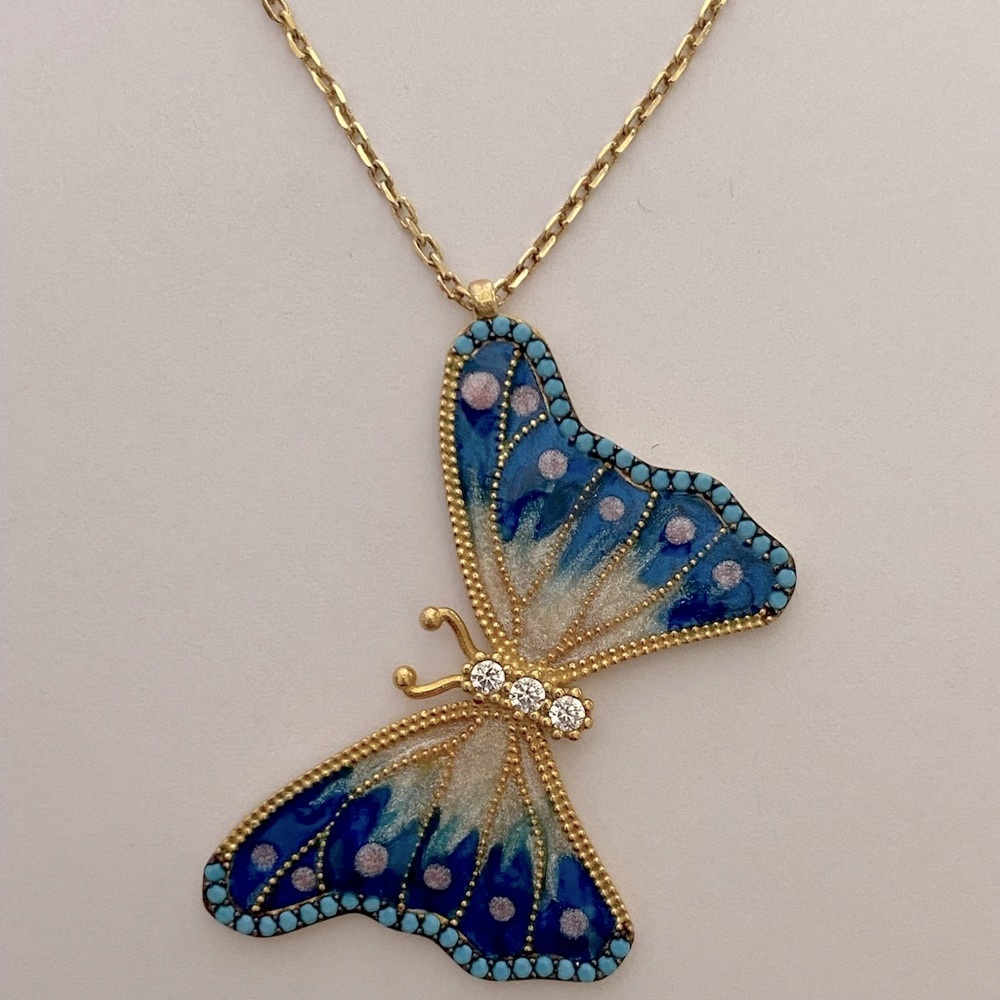 🦋925 Silver butterfly turquoise stones enamel necklace 18K yellow gold plated